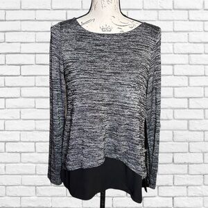 White House Black Market Gray and White Asymmetrical Long Sleeve Blouse